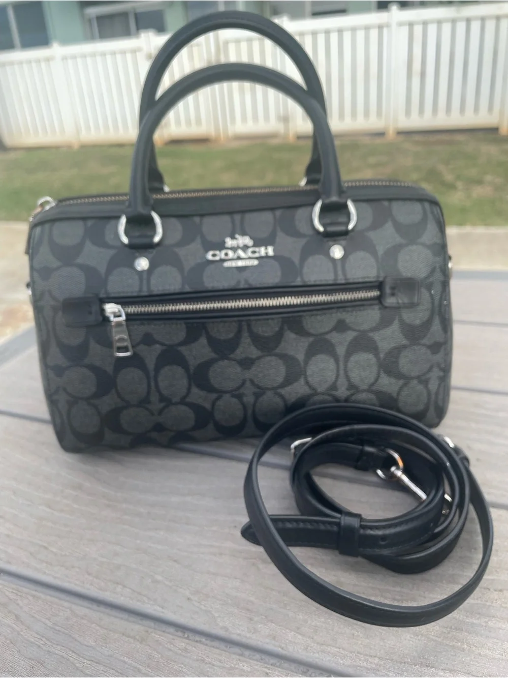 Coach Medium Black Signature Canvas Rowen with Silver Hardware